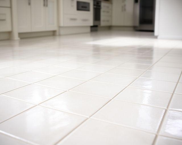 Ceramic kitchen floor with even tile tone and bright grout after professional cleaning