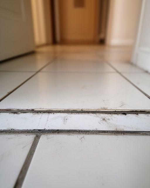 Apartment entryway ceramic tiles with scuffed grout and dusty edges before restoration