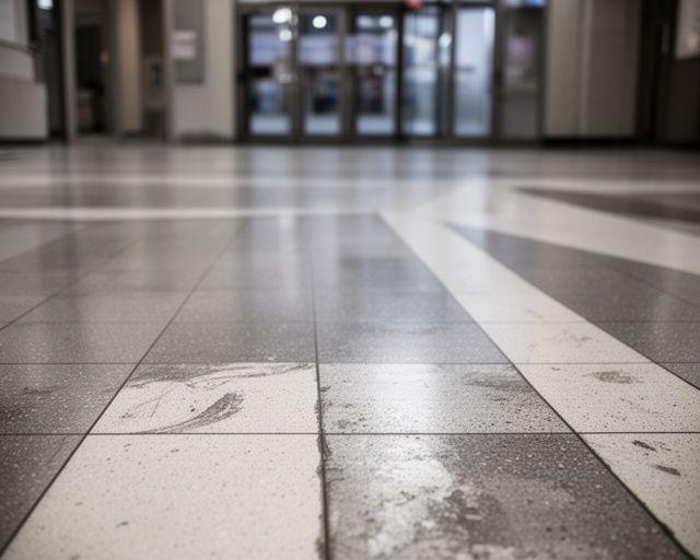 Commercial lobby floor with traffic wear and muted tile reflection before restoration