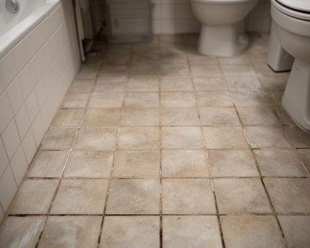 Dull bathroom tile with stained grout and cloudy surface before restoration in a Brooklyn brownstone
