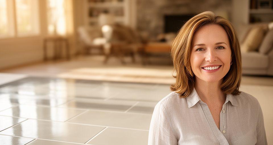 Smiling homeowner standing beside a newly restored ceramic floor in a sunlit living room