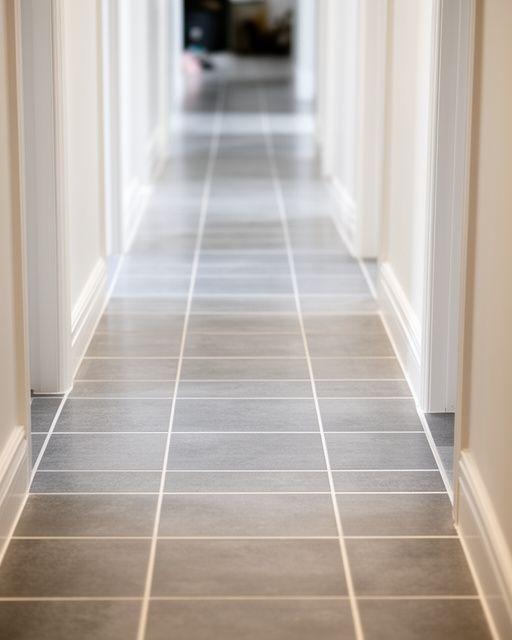 Narrow hallway tiles with restored grout contrast and a cleaner finish after cleaning
