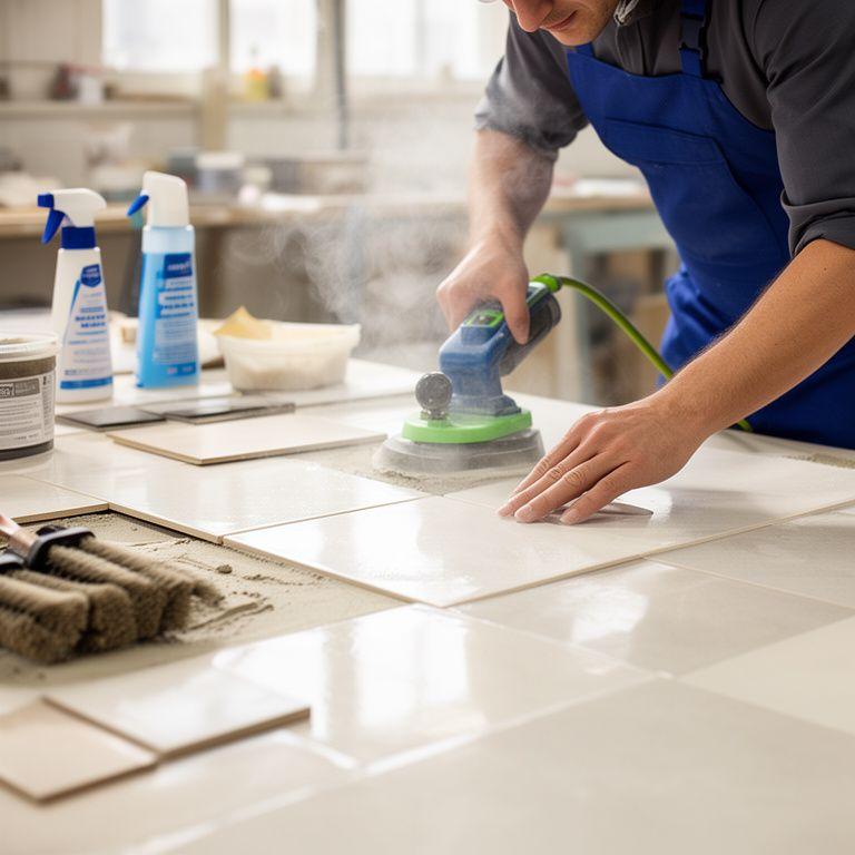Technician cleaning ceramic tiles in a bright Brooklyn workshop with grout samples and sealing products