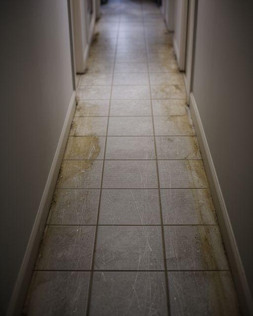 Narrow hallway tiles with uneven grout colour and worn traffic lanes before cleaning