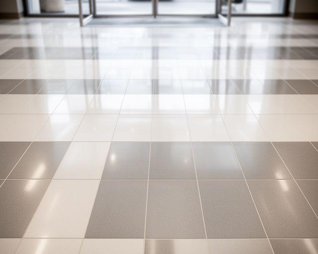 Commercial lobby floor with a cleaner sheen and sharper tile reflection after restoration