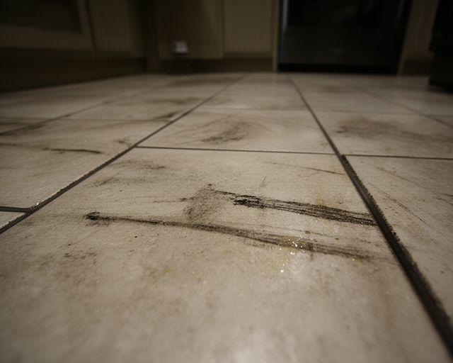 Ceramic kitchen floor with grease marks and dark grout lines before professional cleaning