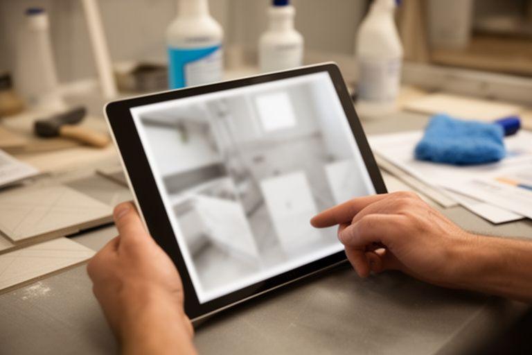 Phone photos being reviewed for a ceramic tile quote at a workbench